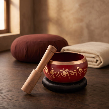 Rote Klangschale Lotus mit Mantra auf schwarzer Unterlage und Klangstab auf dem Holzboden eines Meditationsraums