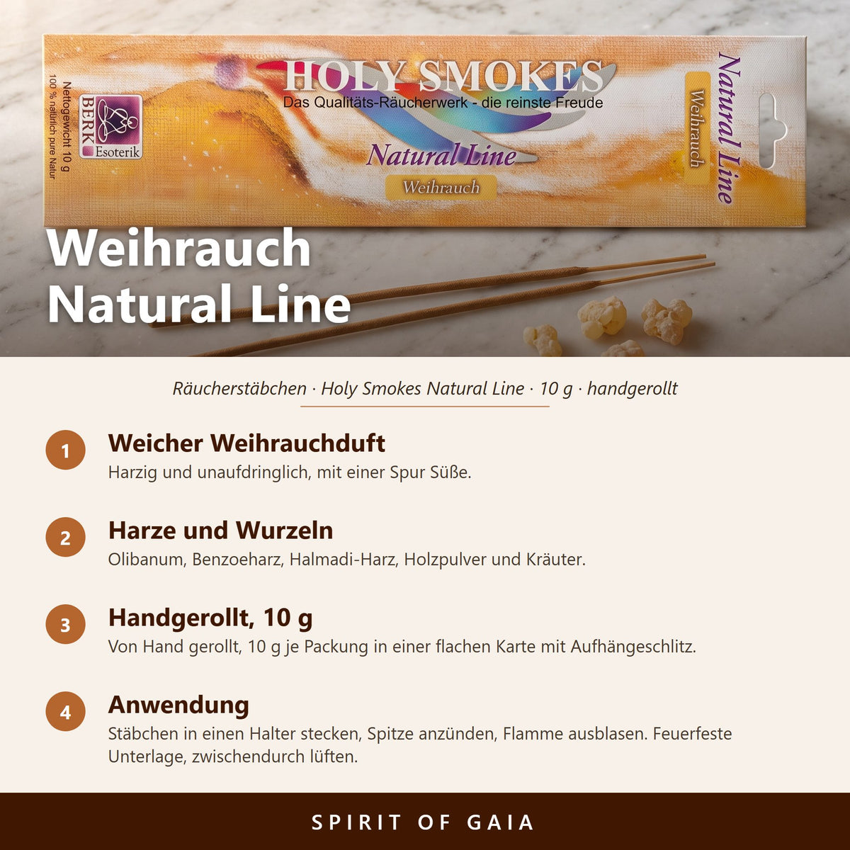 Übersicht zu Weihrauch Natural Line: Duft, Zutaten, handgerollt, 10 g, Anwendung