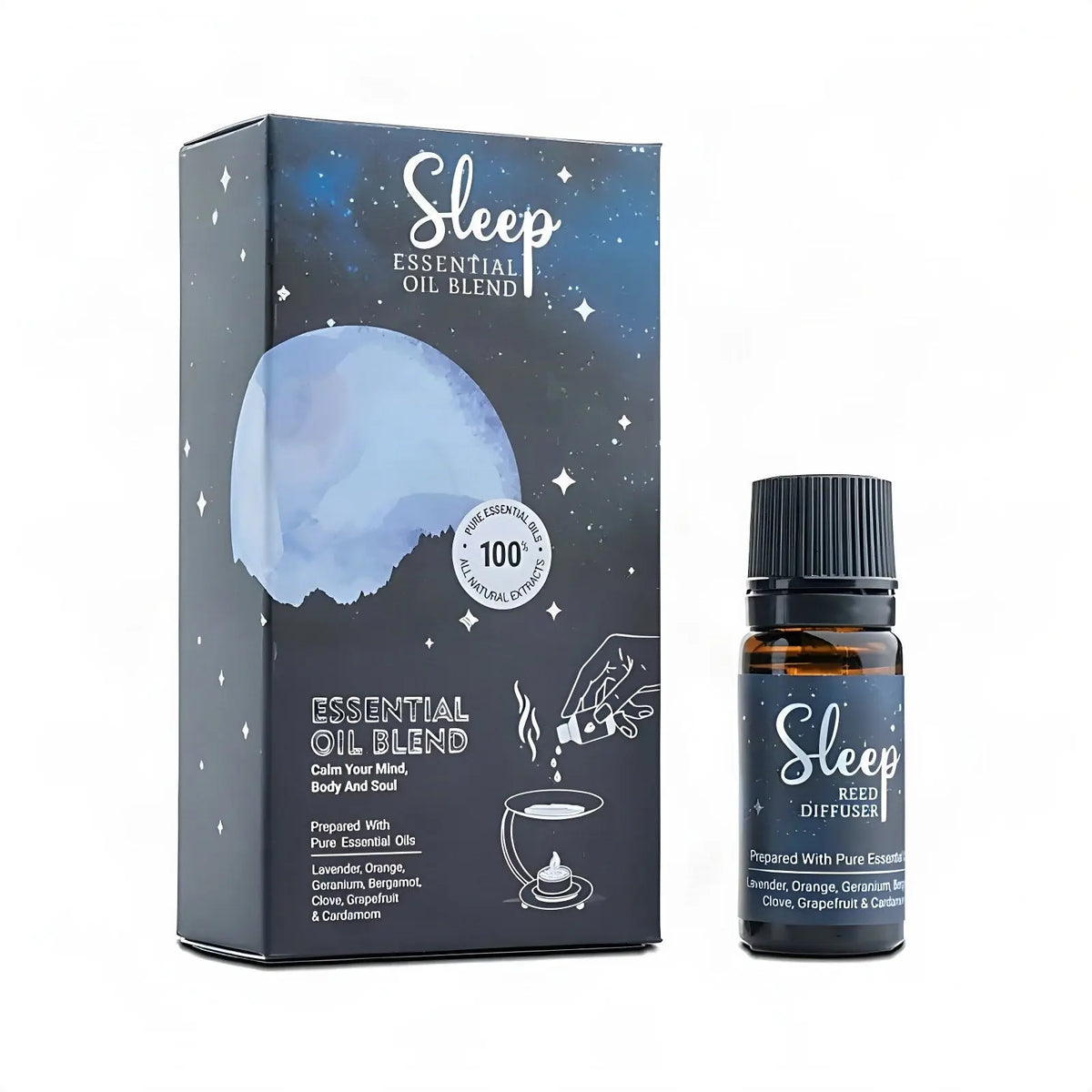 Ätherische Ölmischung Sleep, Fläschchen und Schachtel, freigestellt auf Weiß