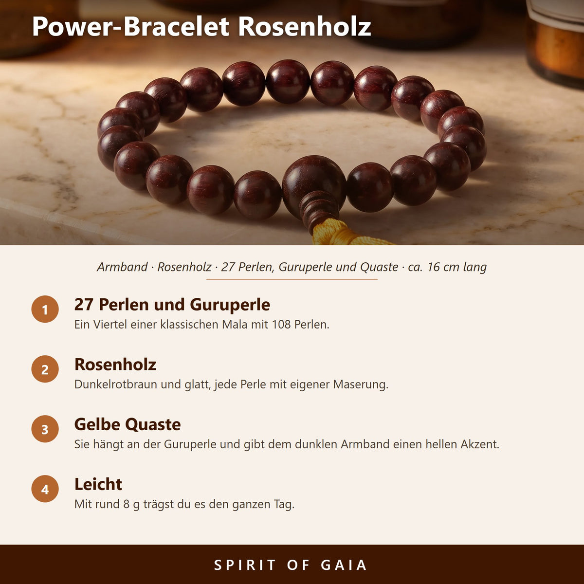 Übersicht zum Power-Bracelet Rosenholz: 27 Perlen, Guruperle, gelbe Quaste, leicht