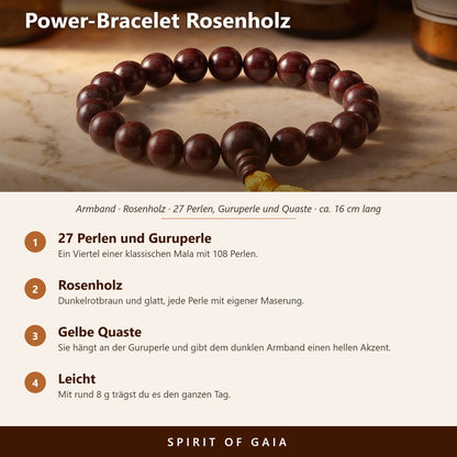 Übersicht zum Power-Bracelet Rosenholz: 27 Perlen, Guruperle, gelbe Quaste, leicht
