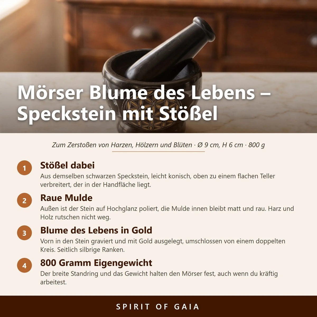 Schwarzer Specksteinmörser mit Stößel und goldener Blume des Lebens – Infografik mit den wichtigsten Angaben