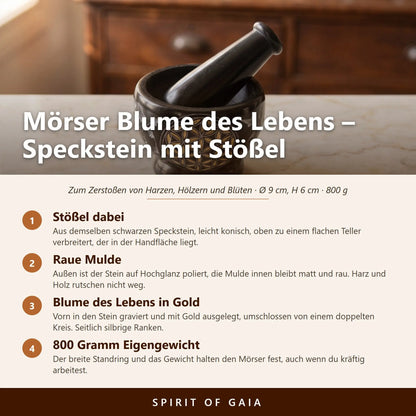 Schwarzer Specksteinmörser mit Stößel und goldener Blume des Lebens – Infografik mit den wichtigsten Angaben