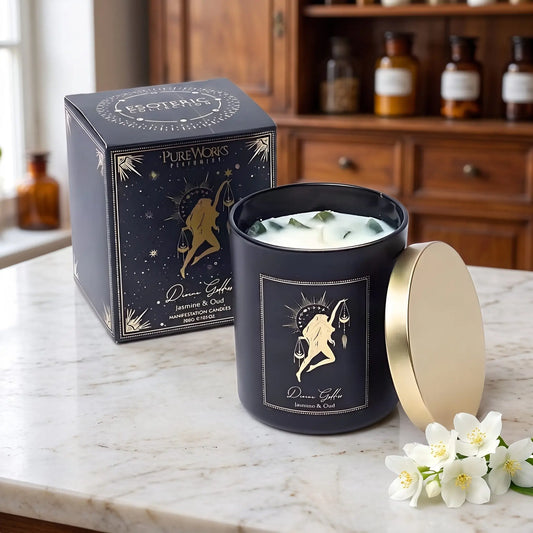 Manifestationskerze Divine Goddess mit Xinji-Jade (Jasmin & Oud) von Pure Works: große Kerze im schwarzen Glas mit Golddeckel und schwarze Schachtel mit Goldprägung auf Marmortheke vor Apothekerschrank, daneben weiße Jasminblüten – Spirit of Gaia