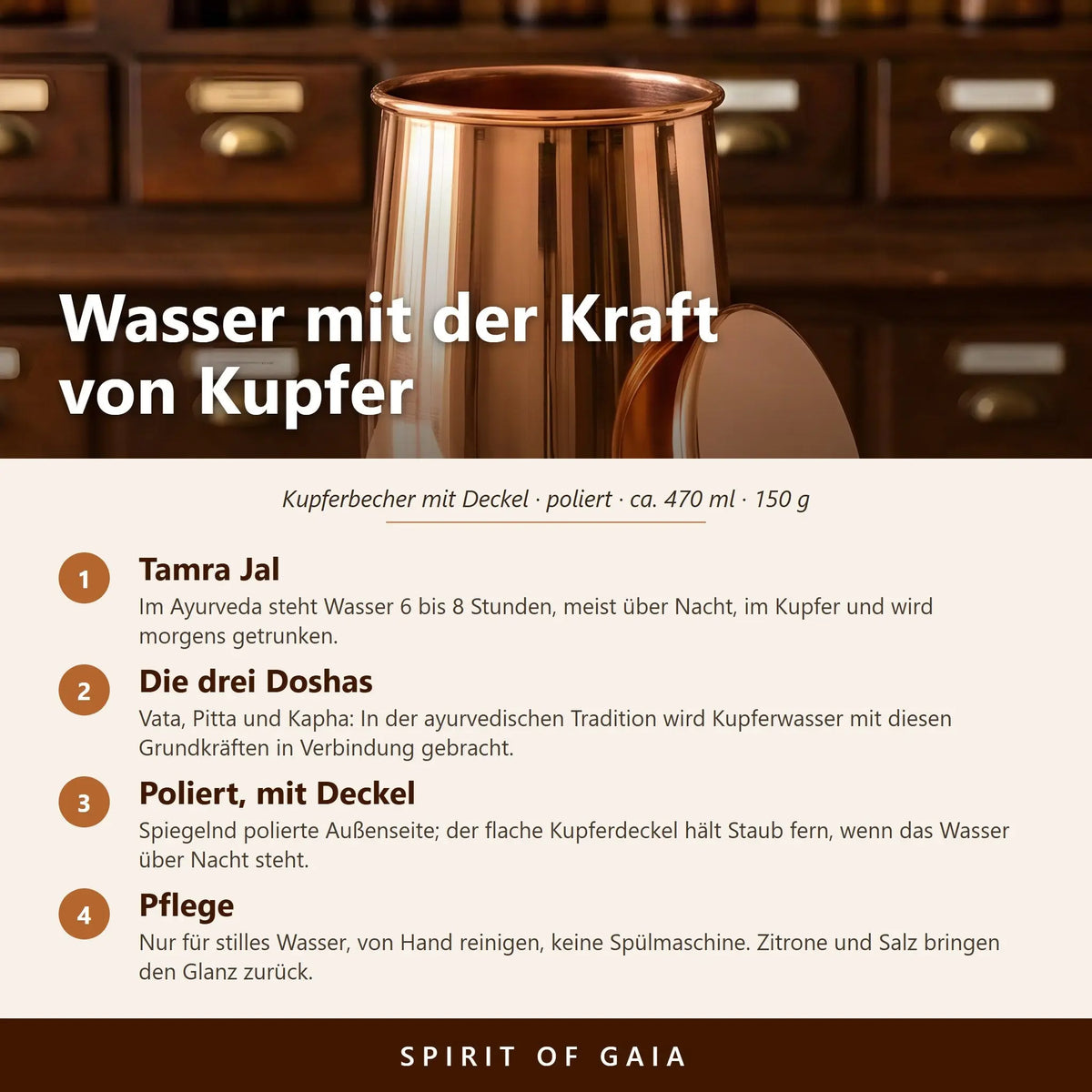 Infografik: Wasser mit der Kraft von Kupfer – Tamra-Jal-Ritual, Doshas und Pflege des polierten Kupferbechers