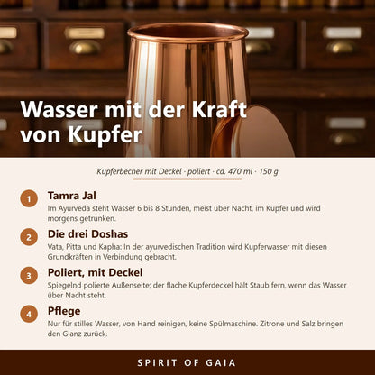 Infografik: Wasser mit der Kraft von Kupfer – Tamra-Jal-Ritual, Doshas und Pflege des polierten Kupferbechers