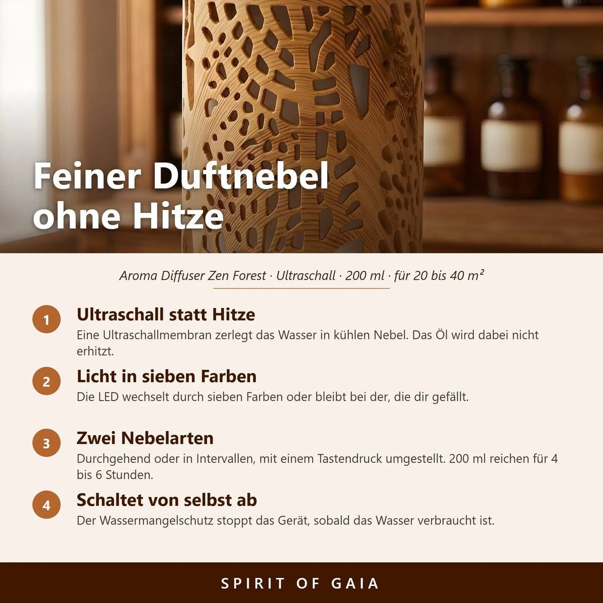 Infografik: Feiner Duftnebel ohne Hitze – Ultraschall, 7-Farben-LED, zwei Nebelarten, Abschaltung bei leerem Tank