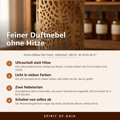 Infografik: Feiner Duftnebel ohne Hitze – Ultraschall, 7-Farben-LED, zwei Nebelarten, Abschaltung bei leerem Tank