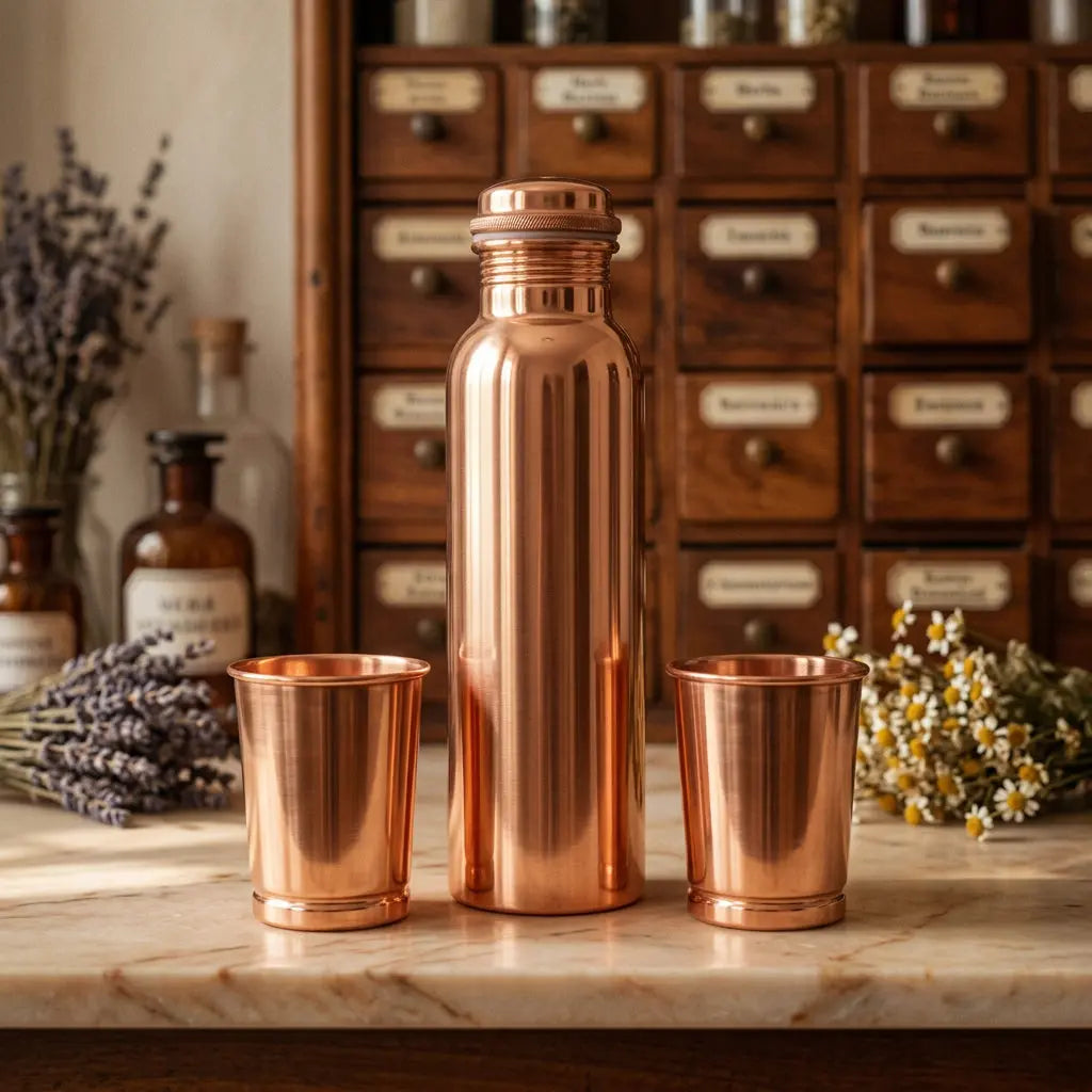 Kupfer-Trinkset Ayurveda glatt – Flasche und zwei Becher auf Marmor vor Apothekerschrank