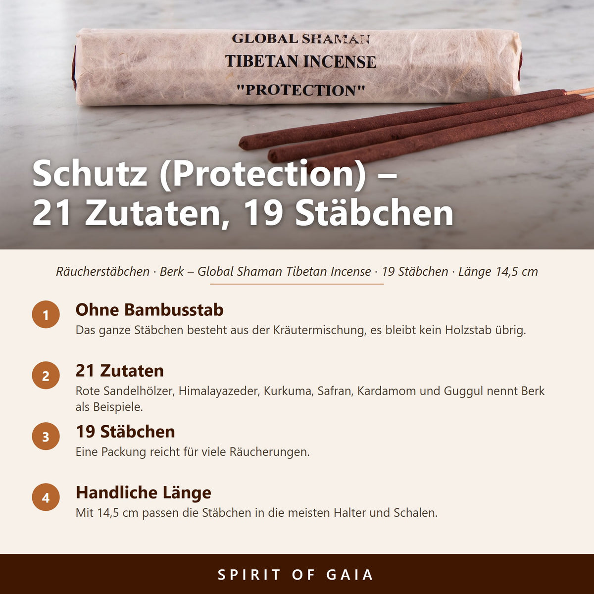 Infografik zu den tibetischen Räucherstäbchen Schutz (Protection): 21 Zutaten, 19 Stäbchen, ohne Bambusstab, 14,5 cm Länge