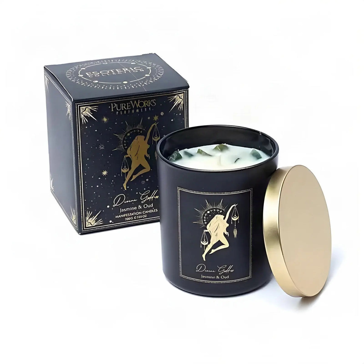 Manifestationskerze Divine Goddess mit Xinji-Jade (Jasmin & Oud), Kerze und Schachtel, freigestellt auf Weiß