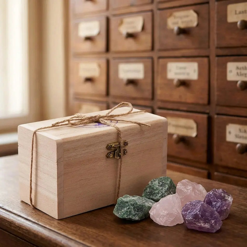 Holzkästchen der Wassersteine Entspannung seitlich mit allen sechs Rohsteinen: zweimal Amethyst, zweimal Rosenquarz und zweimal Aventurin – Spirit of Gaia