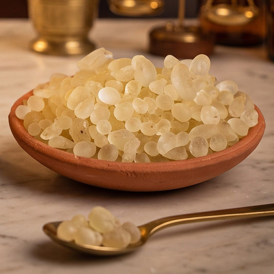 Mastix griechisch, reines Räucherharz von Berk, 60 ml im Korkglas: Nahaufnahme der Terracottaschale mit kleinen hellgelben Mastixtränen auf der Marmortheke – Spirit of Gaia