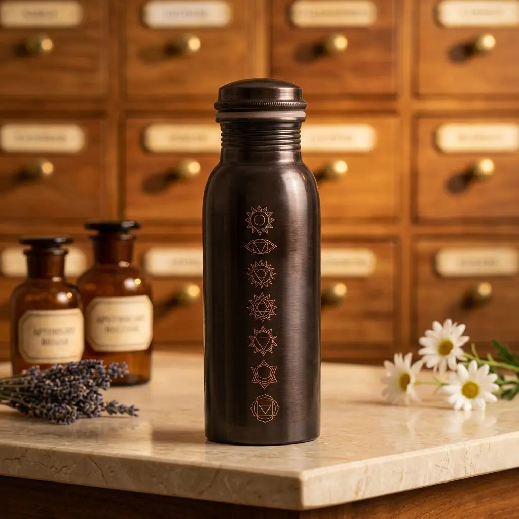 Kupfer-Trinkflasche 7 Chakren antik auf Marmortheke vor Apothekerschrank – Spirit of Gaia