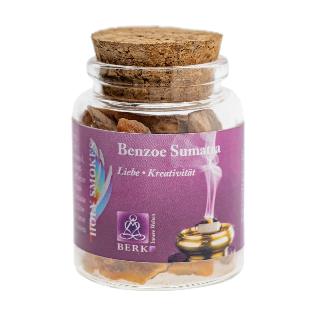 Benzoe Sumatra, reines Räucherharz von Berk, 60 ml im Korkglas: Korkglas mit pinkfarbenem Etikett, freigestellt auf Weiß