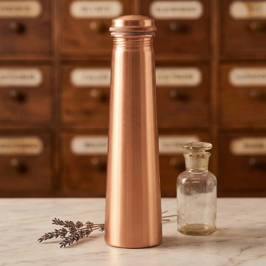 Matte Kupfer-Trinkflasche in Turmform auf Marmortheke vor Apothekerschrank – Spirit of Gaia