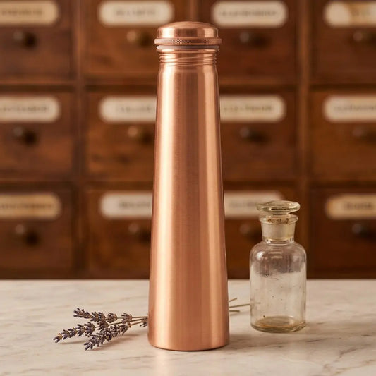 Matte Kupfer-Trinkflasche in Turmform auf Marmortheke vor Apothekerschrank – Spirit of Gaia