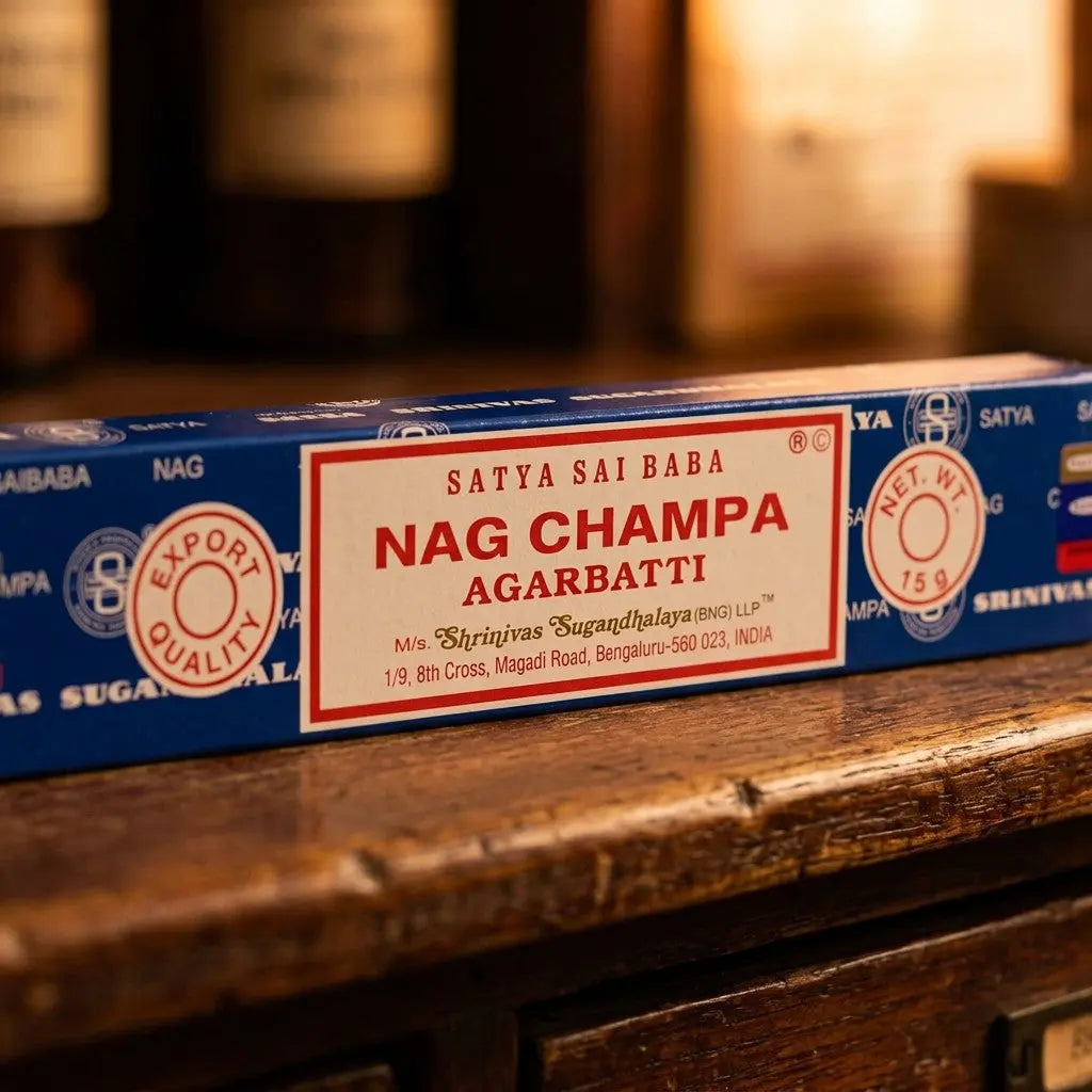 Satya Nag Champa Räucherstäbchen – Etikett-Nahaufnahme auf Holz