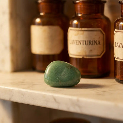 Grüner Aventurin Trommelstein – grüner Heilstein im Apothekerschrank mit Apothekergläsern