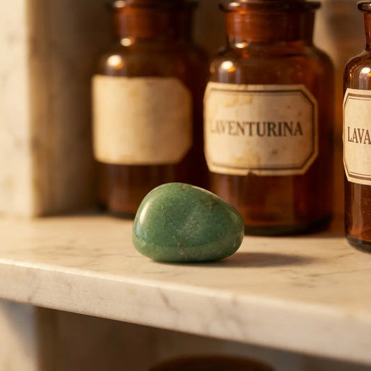 Grüner Aventurin Trommelstein – grüner Heilstein im Apothekerschrank mit Apothekergläsern