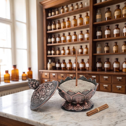 Räucherstäbchenhalter Lotus kupferfarbig auf einer Marmortheke vor einem Apothekerschrank – Spirit of Gaia