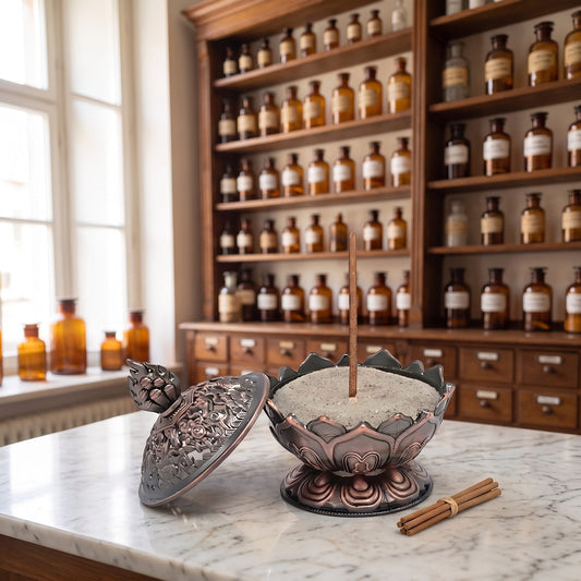 Räucherstäbchenhalter Lotus kupferfarbig auf einer Marmortheke vor einem Apothekerschrank – Spirit of Gaia
