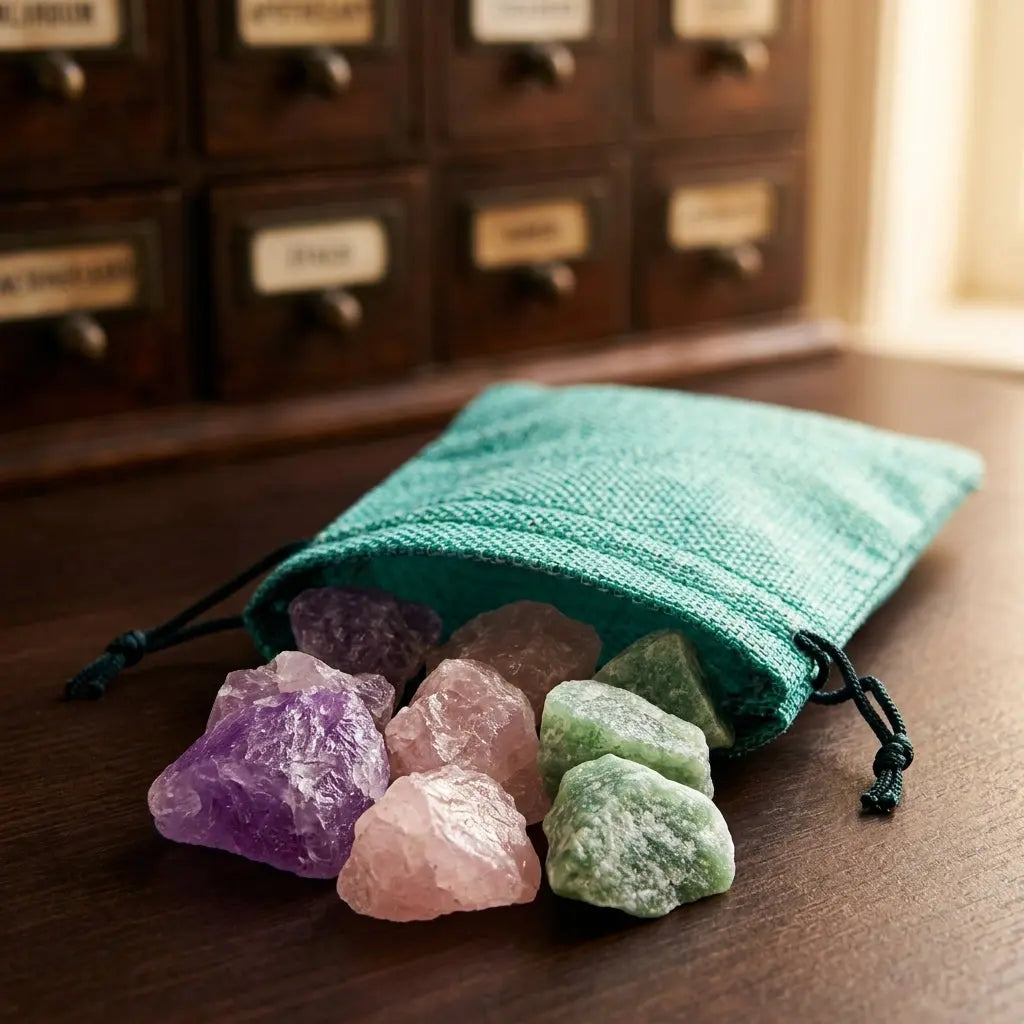 Türkises Jutesäckchen der Wassersteine Entspannung mit Jutestruktur und Rohsteinen Amethyst, Rosenquarz und Aventurin – Spirit of Gaia