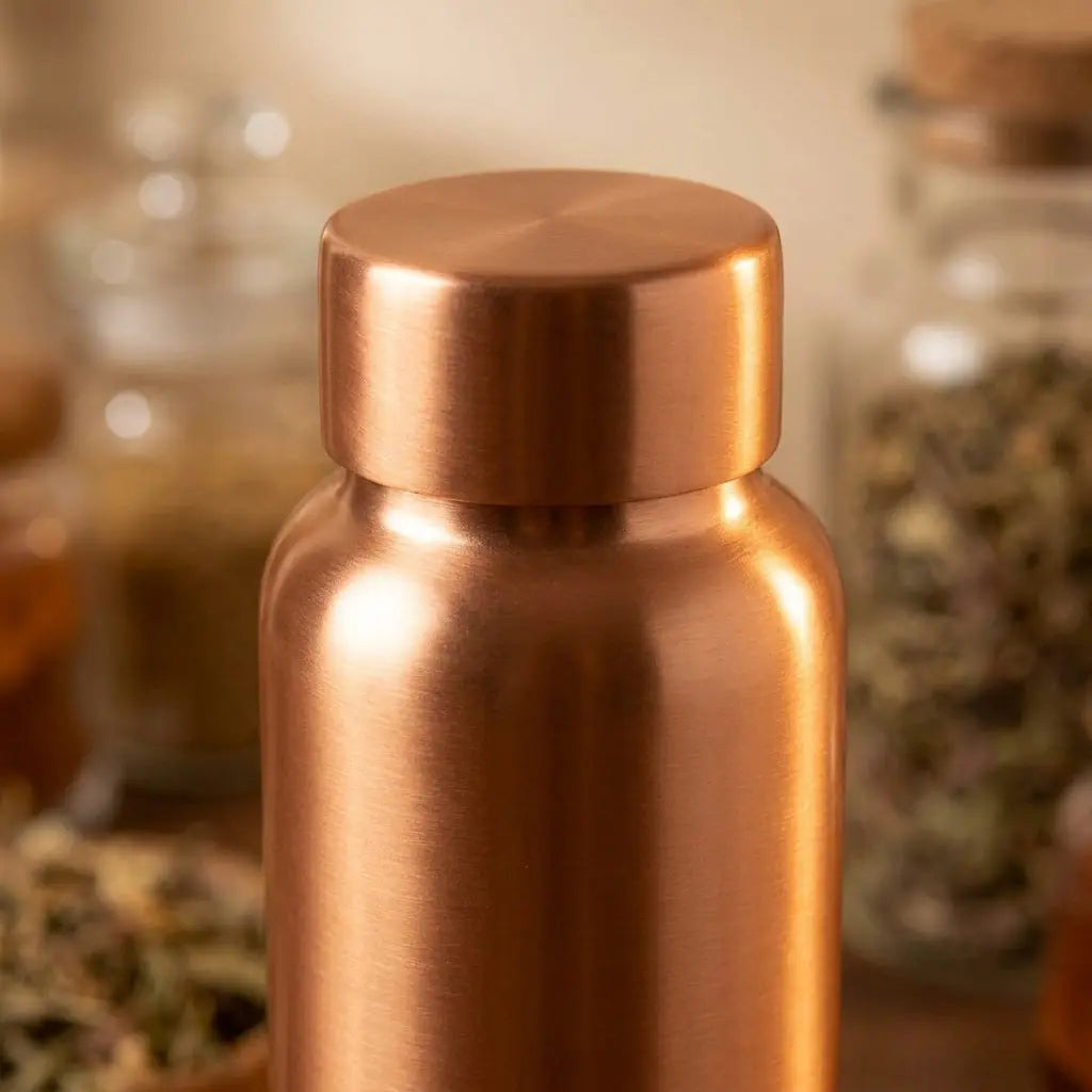 Makro-Detail der Flachkappe der matten Kupfer-Trinkflasche
