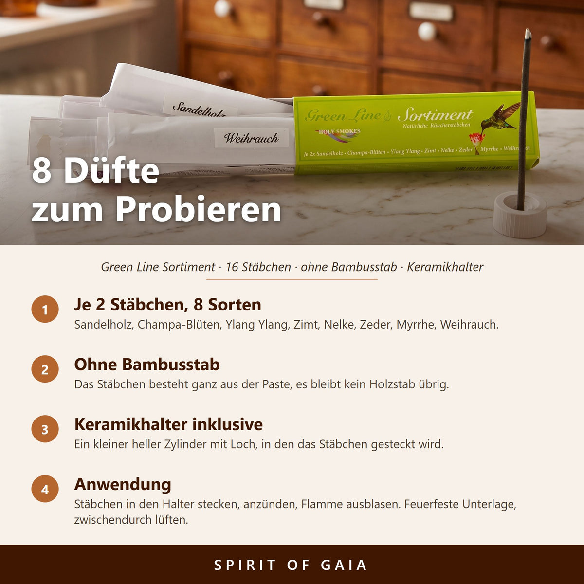 Übersicht zum Green Line Räucherstäbchen Sortiment: 8 Düfte, je 2 Stäbchen, ohne Bambusstab, Keramikhalter inklusive, Anwendung