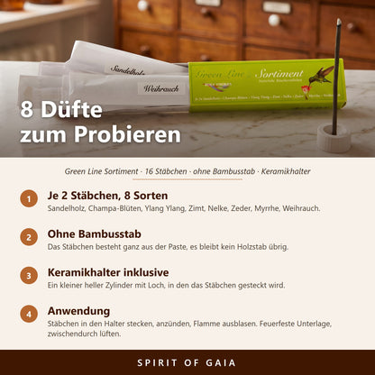 Übersicht zum Green Line Räucherstäbchen Sortiment: 8 Düfte, je 2 Stäbchen, ohne Bambusstab, Keramikhalter inklusive, Anwendung