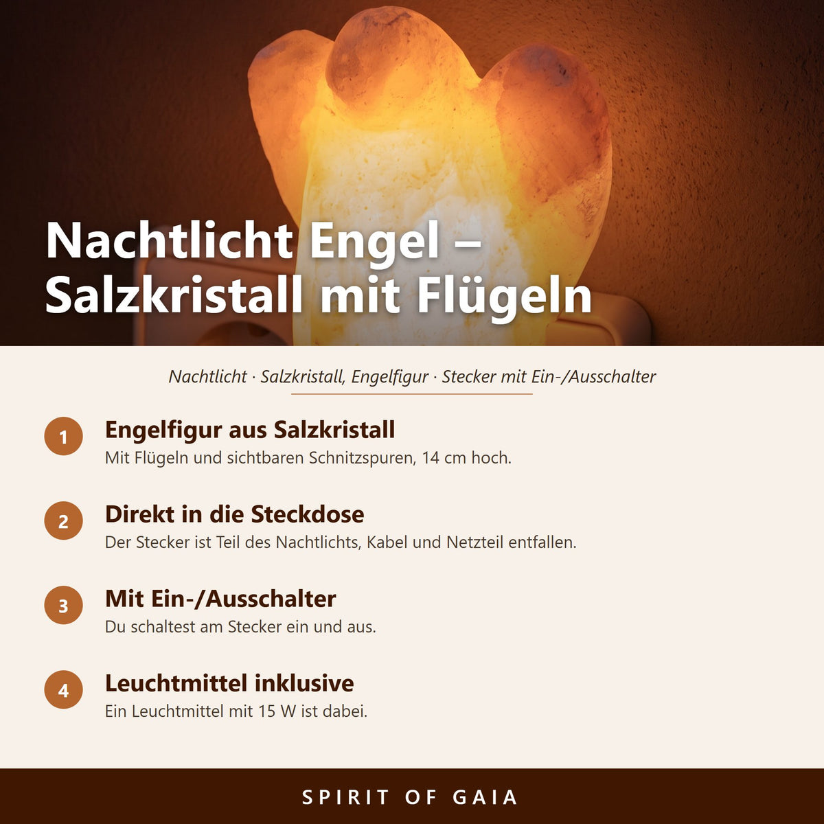 Übersicht zu Salzkristall-Nachtlicht Engel: Engelfigur aus Salzkristall, Direkt in die Steckdose, Mit Ein-/Ausschalter, Leuchtmittel inklusive