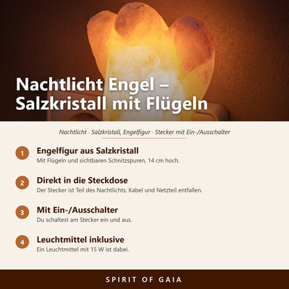 Übersicht zu Salzkristall-Nachtlicht Engel: Engelfigur aus Salzkristall, Direkt in die Steckdose, Mit Ein-/Ausschalter, Leuchtmittel inklusive
