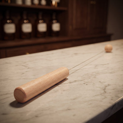 Tensor aus Buchenholz mit Federstahlrute, ca. 41,5 cm: liegt auf der Marmortheke einer alten Apotheke am Abend – Spirit of Gaia