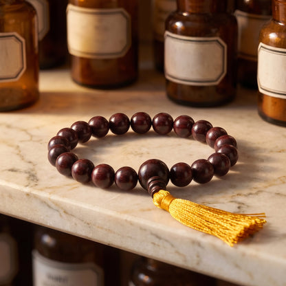 Power-Bracelet aus Rosenholz von Berk auf einer Marmortheke: dunkle Holzperlen, Guruperle und gelbe Quaste