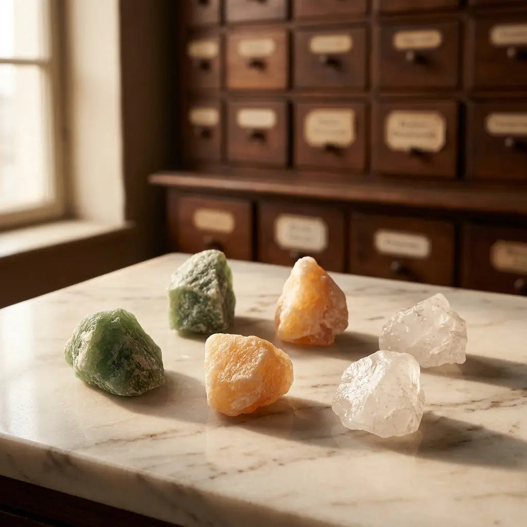 Naturbelassene Rohsteine der Wassersteine Kraft und Mut: Aventurin, Orangencalcit und Bergkristall in Nahaufnahme – Spirit of Gaia