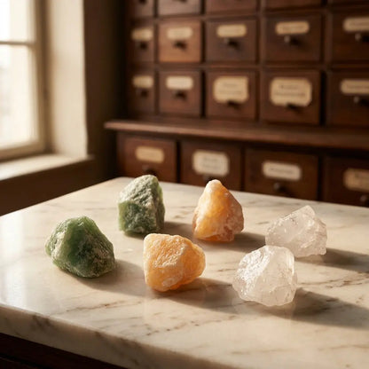 Naturbelassene Rohsteine der Wassersteine Kraft und Mut: Aventurin, Orangencalcit und Bergkristall in Nahaufnahme – Spirit of Gaia