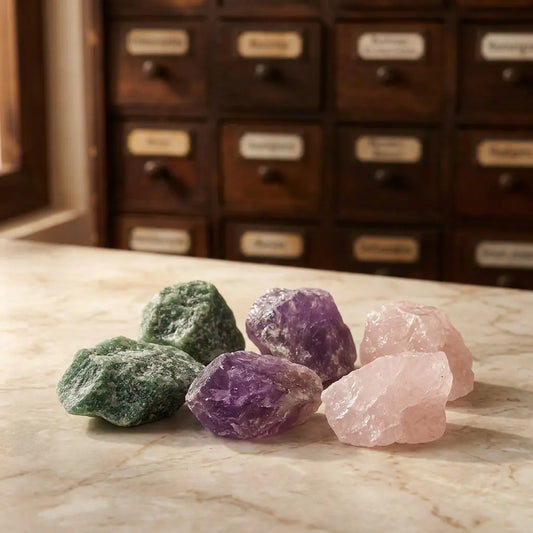 Naturbelassene Rohsteine der Wassersteine Entspannung: Amethyst, Rosenquarz und grüner Aventurin in Nahaufnahme – Spirit of Gaia