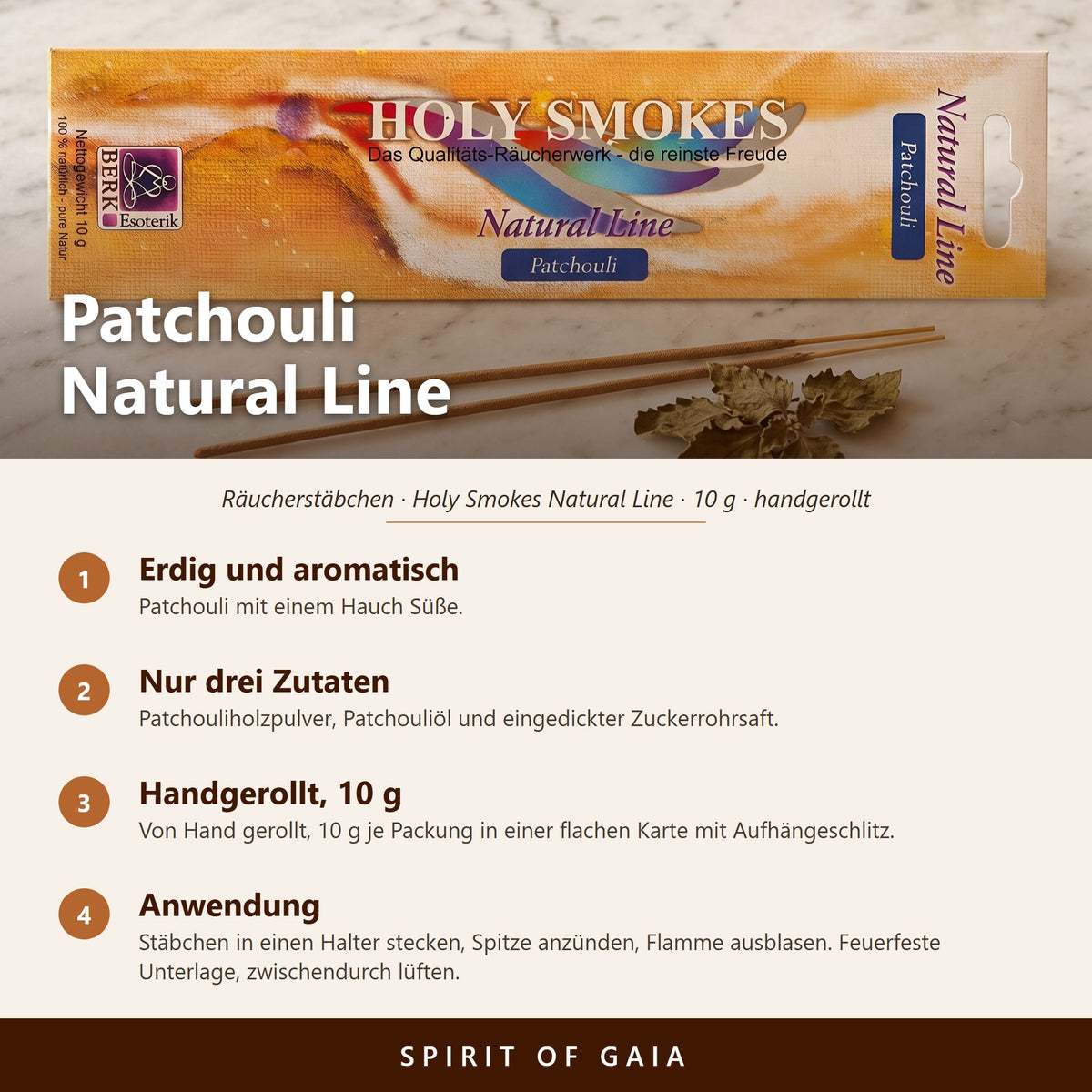 Übersicht zu Patchouli Natural Line: Duft, Zutaten, handgerollt, 10 g, Anwendung