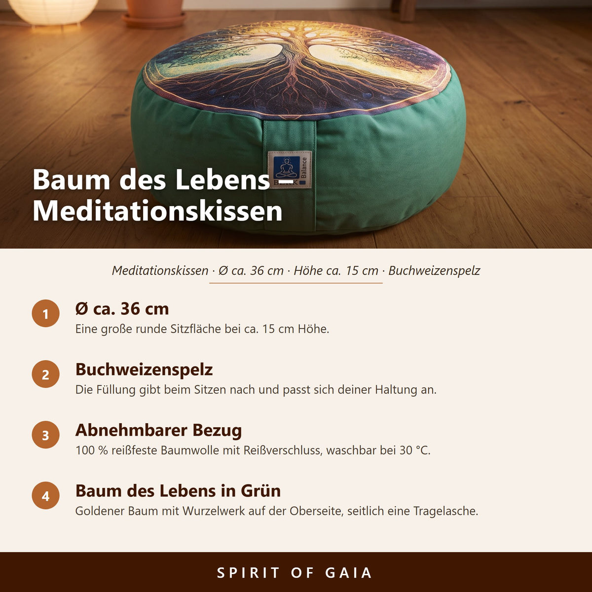 Übersicht zum Meditationskissen Baum des Lebens in Grün: Ø ca. 36 cm, Buchweizenspelz, abnehmbarer Bezug, waschbar bei 30 °C
