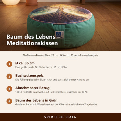 Übersicht zum Meditationskissen Baum des Lebens in Grün: Ø ca. 36 cm, Buchweizenspelz, abnehmbarer Bezug, waschbar bei 30 °C