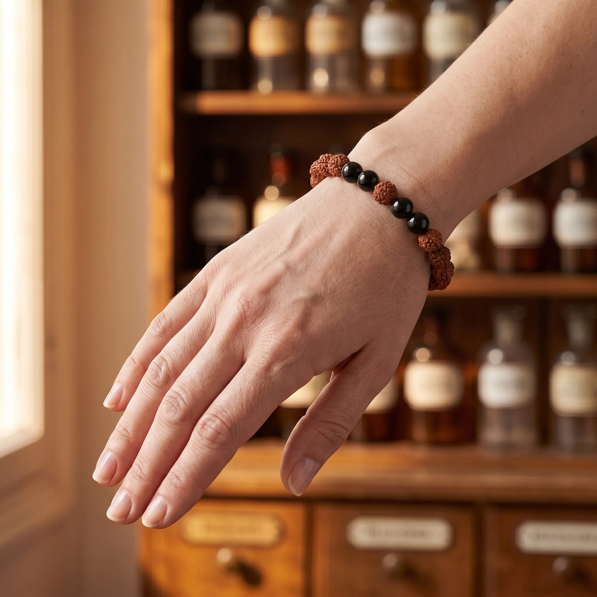 Das Rudraksha Armband mit schwarzem Turmalin am Handgelenk