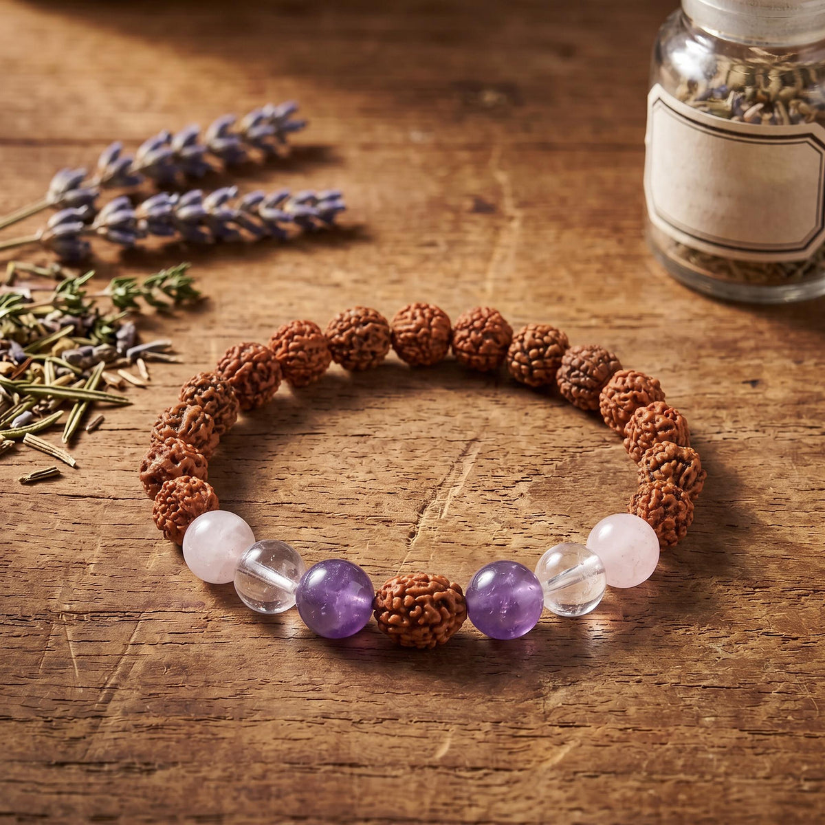 Rudraksha Armband mit Edelsteinen auf einem Holztisch neben Lavendel und einem Glas mit Kräutern