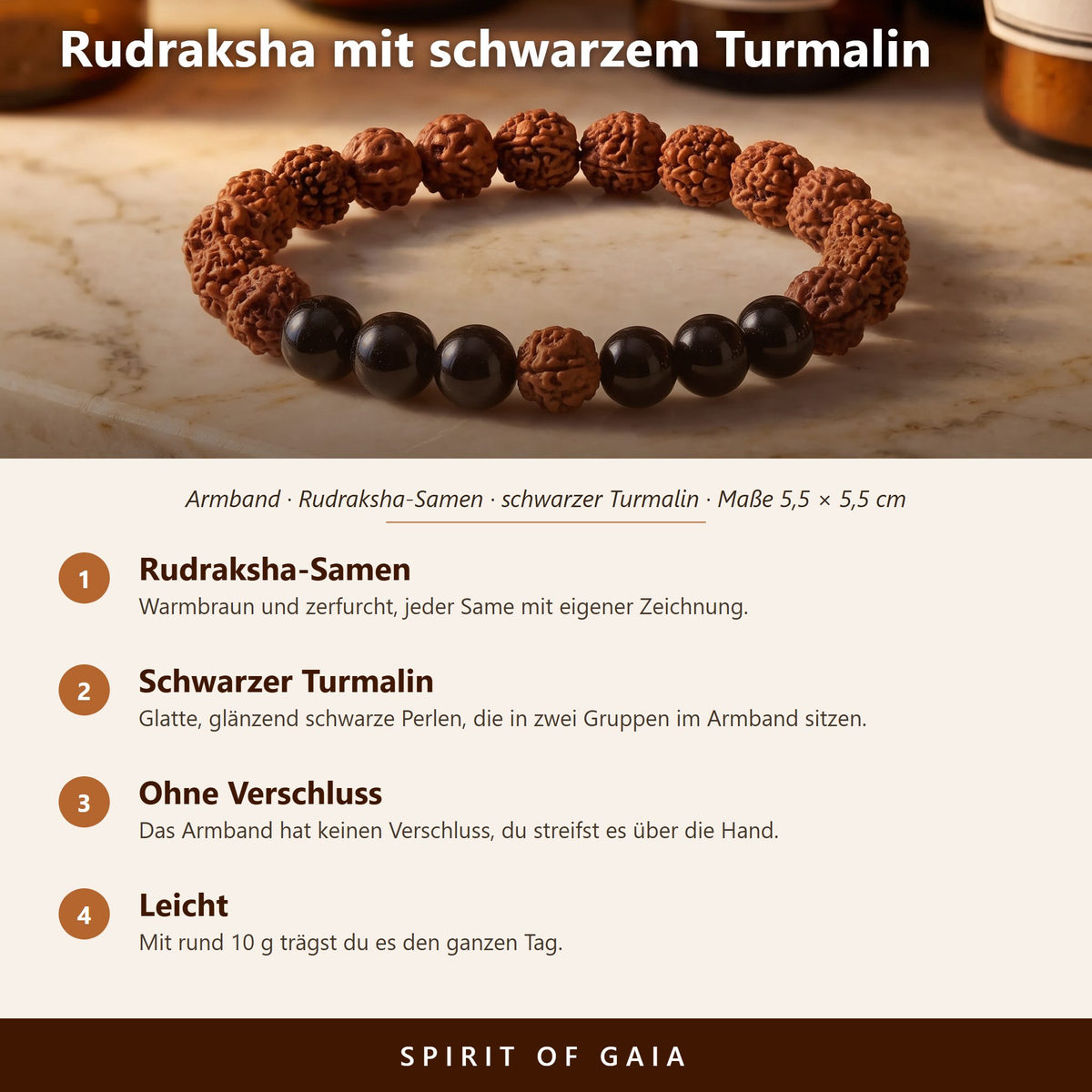 Übersicht zum Rudraksha Armband mit Turmalin: Rudraksha-Samen, schwarzer Turmalin, ohne Verschluss, leicht