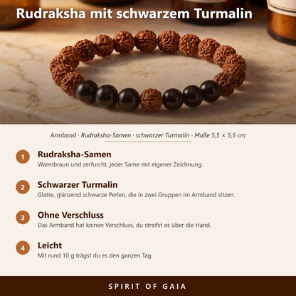 Übersicht zum Rudraksha Armband mit Turmalin: Rudraksha-Samen, schwarzer Turmalin, ohne Verschluss, leicht