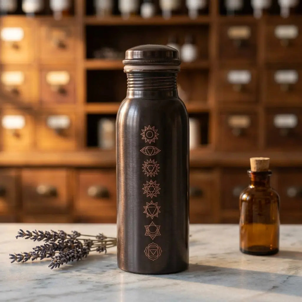 Antike Kupfer-Trinkflasche mit Chakren-Motiv, Lavendel und Apothekerfläschchen im Apotheker-Look