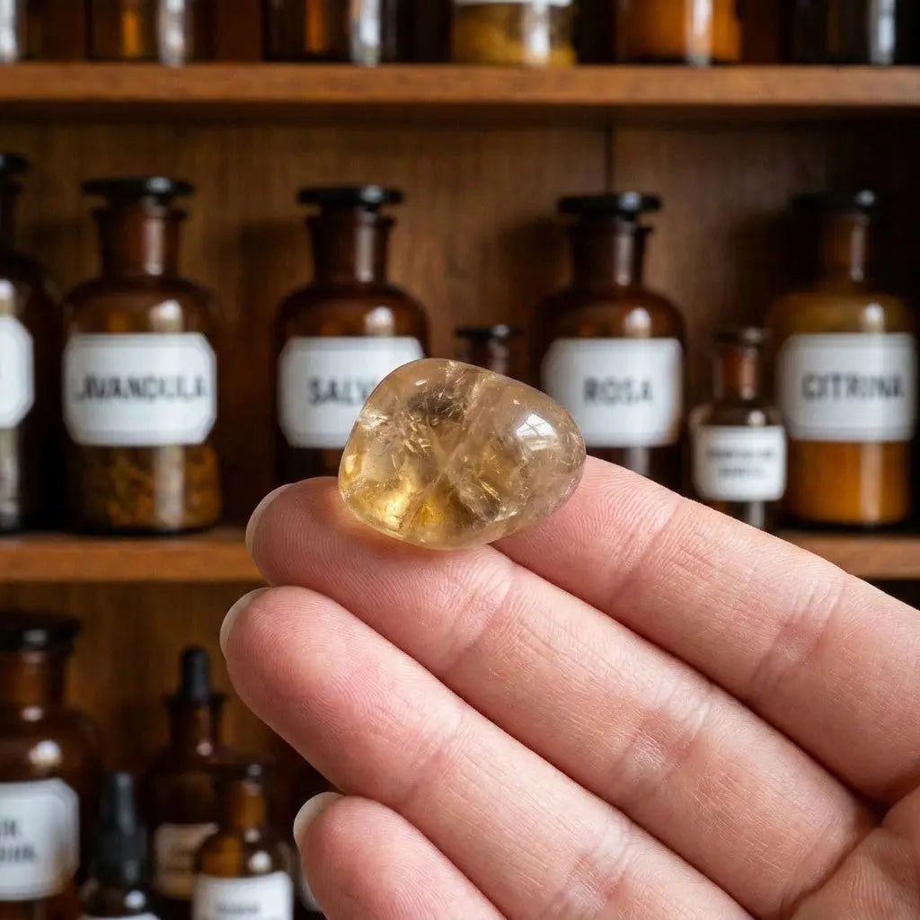 Citrin Trommelstein – Größenvergleich in der Hand, ca. 2 bis 3 cm