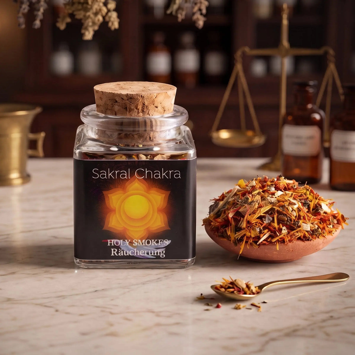 Sakralchakra, Chakra-Räuchermischung von Berk, 50 ml im Korkglas: Glas auf der Marmortheke einer alten Apotheke am Abend, daneben eine Terracottaschale mit der losen Mischung und ein Messinglöffel – Spirit of Gaia