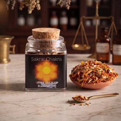 Sakralchakra, Chakra-Räuchermischung von Berk, 50 ml im Korkglas: Glas auf der Marmortheke einer alten Apotheke am Abend, daneben eine Terracottaschale mit der losen Mischung und ein Messinglöffel – Spirit of Gaia