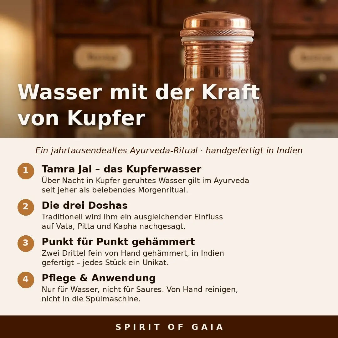 Infografik: Wasser mit der Kraft von Kupfer – Tamra-Jal-Ritual, Doshas und Pflege der Kupferflasche