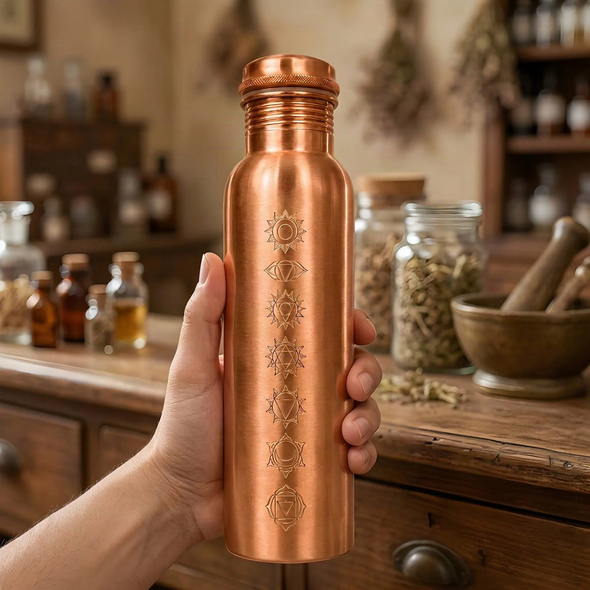 Hand hält die 28 cm hohe matte Kupfer-Trinkflasche mit Chakren-Gravur vor einem Apothekerschrank